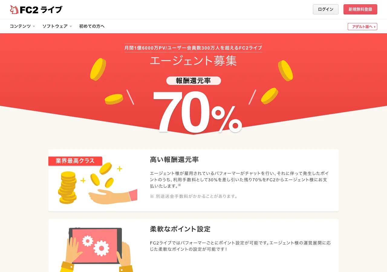 FC2ライブ公式のエージェント募集ページ